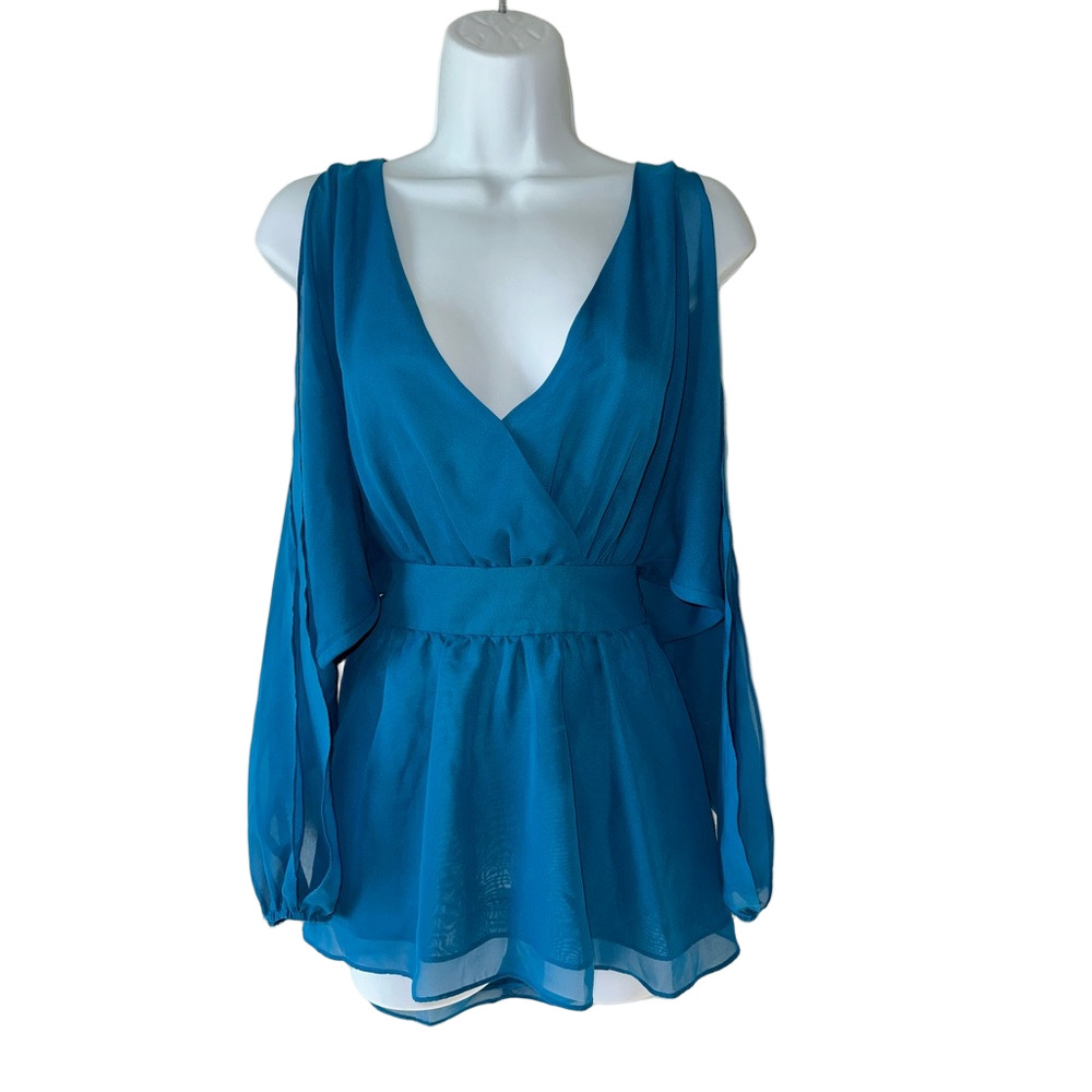 Bebe Teal Sheer Plunge Long Sleeve Blouse – Size S